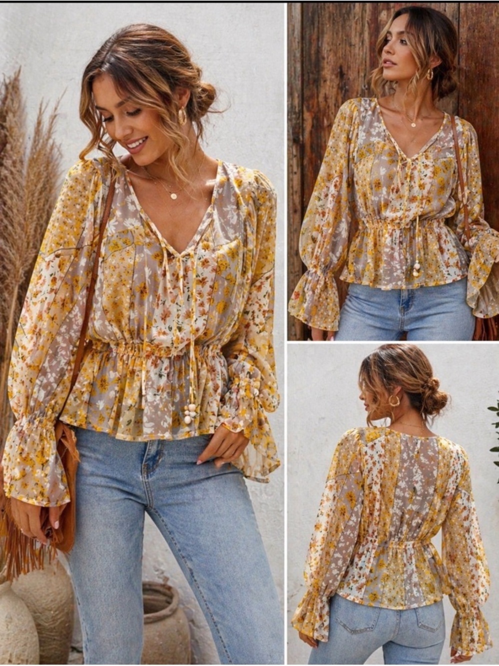 Easel‎ LA Floral Boho Peplum Blouse Tie Front Bell Sleeve Top Small